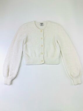 Aritzia Sunday Best White Fuzzy Cropped Cardigan Sweater XS Balloon Sleeve Cozy